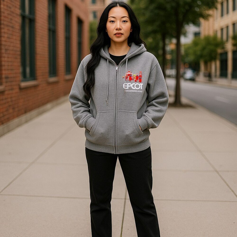 Disney Hanes Adult Medium Gray Mickey Mouse EPCOT Full Zip Hoodie Jacket M